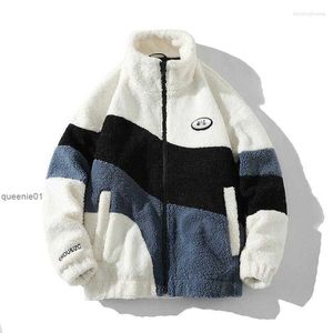 Vintage Polar Fleece Jacket Oversize Contrast Color Coat Warm Male Outwear Winter Parkas Clothes