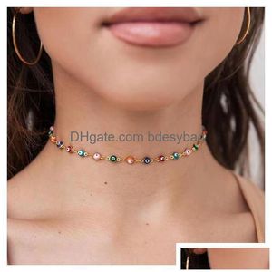 Chokers Classic Fashion Femme Gold Color ClaVicle Chain Kort halsband Emalj Turkish Evil Eye Pendant Halsband Bijoux för Drop Deliv Dhtzb