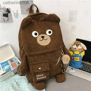 Рюкзаки Женские вельветовые тканевые рюкзаки Cute Bear с несколькими карманами Дизайн для девочек Сумки-тоут большой емкости Модные студенческие дорожные сумкиL231108