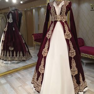 Tradicional Kaftan Istambul Vestidos de noturno formal turco Borgonha e do piso branco Império da cintura Mangas compridas Velvet Mulheres de baile de formatura para mulheres