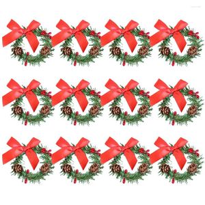 Decorative Flowers 12Pcs Green Artificial Flower Straw-ring Napkin Ring Christmas Bow Simulation Mini Red Berry Pine Cone Garland Xmas Party