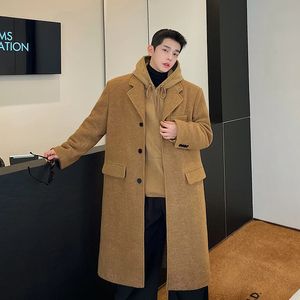 Men's Wool Blends Men Autumn Winter Korean Streetwear Fashion Vintage Wool Camel Thicken Trench Coat Male Overcoat Long Jacket Outerwear 231108