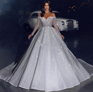 2024 Arabia Glitter Princess Wedding Sukienka ślubna z ramiona błyszczące długie rękawy ślubne suknie ślubne A-line Dubai Pagride Sukienki Vestidos de novia