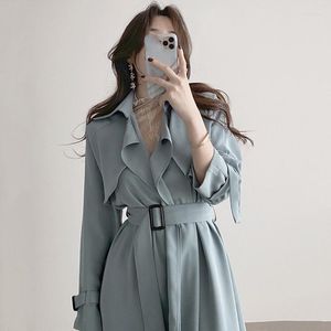 Party Dresses ZCSMLL Korean Elegant Lapel Design Style Buckle Lace-up Waist Knee-length Long-sleeved Windbreaker Dress Women