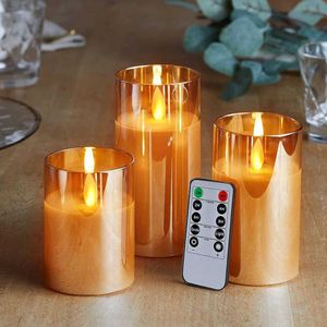 キャンドルUSB充電式LED Flameless Pillar Candle Candle Set Flickering Moving Paraffin Real Wax Remoted W/Timer-Grey Glass P230407