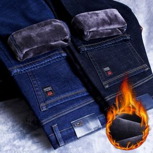 Men s Jeans Winter Warm Slim Fit Business Fashion Thicken Denim Trousers Fleece Stretch Brand Pants Black Blue 230407