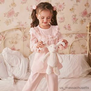 Pyjamas vinter söta barn sömnkläder tjej korall sammet rosa pyjama set.