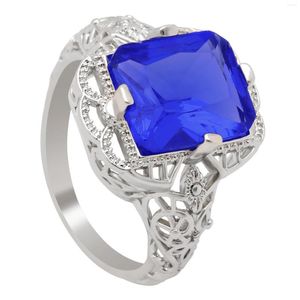 Anéis de casamento Zirconia for Women Luxury Hollow Square Blue Royal Cz Promise Jewelry Anniversary Presente