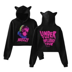 Breezy Chris Brown Under The Influence Tour Crop Top Hoodie Women Streetwear Hip Hop Kawaii Cat Ear Harajuku Cropped Sweatshirt