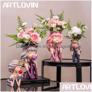 Plantadores Potes Artlovin Bubble Gum Menina Flor Vaso Resina Planta Artificial Potenciômetro Abstrato Elegante Decoração de Casa Desktop Ornamento Estatueta Dhlgi