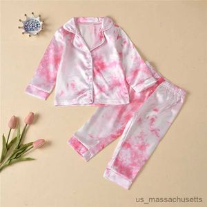 Pajamas Childrens Kids Pajamas Silk Satin Tie Tie Dye Brint Button Tops Pants Autumn Sleeve Sleepwear Girls Boys Pajama Sets R231108