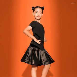 Scen Wear Latin Dance Dress for Girls Short Sleeve Red/Black Practice Clothes Ballroom Competition Rumba Tango Outfit VO1207