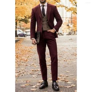 Men's Suits Burgundy Blazer Single Breasted Peaked Lapel Fashion Wedding Costume Custom Made 3Piece Jacket Pants Vest Masculino