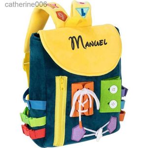 Mochilas personalizadas bordadas bebê ocupado placas mochila saco de atividade sensorial brinquedo de viagem habilidades de atividade sensorial criança mochilal231108