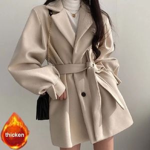 Korean Thick Female Trench Warm Jackets Turn-down Collar Long Puff Sleeve Clothes Autumn Elegant Belt Coat Women Midi Top