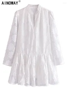 Sıradan elbiseler vintage şık moda kadınlar beyaz yama plaj bohemian mini bayanlar stant yaka yaz boho elbise vestidos