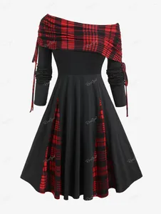 Casual Dresses ROSEGAL Plus Size Skew Neck Plaid Cinched Ruched Dress Women Fall Winter Colorblock Fit And Flare Vestidos 5XL