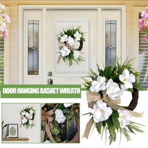 Dekorative Blumen Frühling Haustür hängen Magnolia Kranz grüne Blätter Home Sommer Hochzeit Blumendekoration künstliche Girlande Flor O1z8