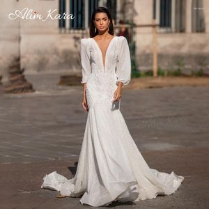 Suknia ślubna Alimkara Puff Sleeve 2023 Syrenka z Neck Neck Train Train Fashion Backless Bride Suknia Księżniczka I314 Vestido de Novia