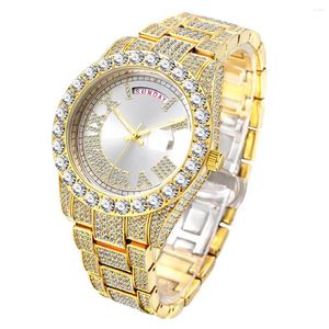 Wristwatches Iced Out Watch For Men Luxury Full Moissanite Gold Day Date Watches Hip Hop Fashion Party Dress Male Clock Drop