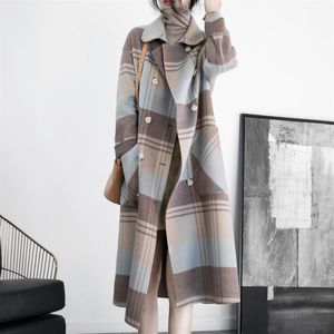 Plaid Coats for Women Autumn Winter 2023 Vintage Long Sleeve Double Breasted Wool Coat Casual Turn Down Collar Jackets