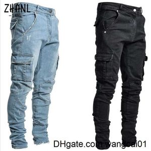 Dżinsy męskie dżinsy męskie spodnie mycie solidnego koloru multi kieszeni jeansy w połowie talii dżinsy plus wielkości fahsion swobodne spodnie MA Codzienne zużycie 0408H23