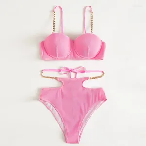 Costumi da bagno da donna 2023 Rosa Sexy catena di metallo Bikini pacco rigido push up costume da bagno donna vita alta ritagliato 2 pezzi costume da bagno estivo