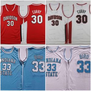 Davidson Jersey Curry Stephen Indiana State Sycamores 33 Bird 30 College Todas as camisas costuradas Vermelho Branco Azul Clássico