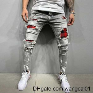 Mäns jeans rippade jeans män sträcker mager grå blå svart hip hop denim byxor streetwear casual smala fit jeans för män jogga jean 0408h23