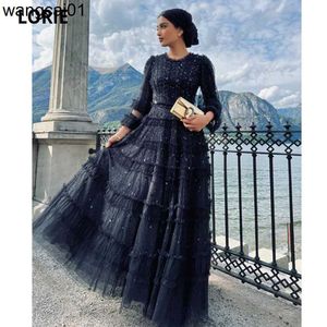 Party Dresses Lorie Egant Black Cap Seves Prom Dresses Ruched Tul Pärled 3/4 Seves Formell aftonklänning Party Dresses Robes De Soire 0408H23