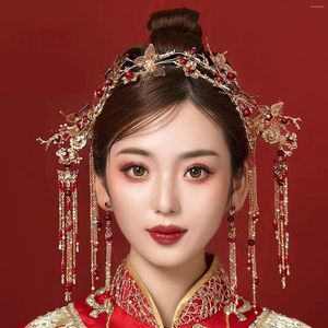 Necklace Earrings Set Chinese Style Hairpin Retro Wedding Hair Accessories For Women Red Beads Clip Tassel Tiaras With Dangler Jewelry