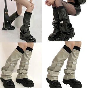 Damensocken für Damen und Mädchen, PU-Leder, Beinwärmer, Gothic-Stiefel, 90er-Jahre, einfarbig, ausgestellte Stulpen