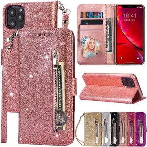 Wallet Glitter Zipper Flip Leather Case for iPhone 15 14 Pro Max 13 Mini 12 11 X XR XS SE 8 7 Plus Card Magnetic Stand Cover مع حزام الحبل