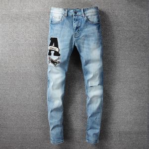 High Quality Streetwear Designer Jeans Males Brand Ripped Tights Jean Men Hip Hop Flocking Splicing Big A Letter Jean Denim Pant224e