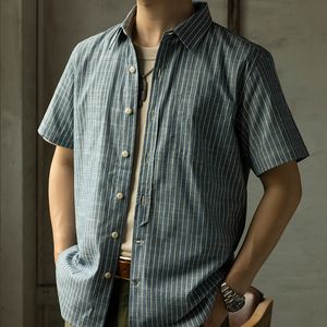 メンズカジュアルシャツレッドトルネードレトロ短袖キャンディーストライプシャツ夏の男性用作業服ブルー230408