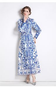 Casual Dresses Women's Dresses Spring Autumn Runway Long Lantern Sleeve Blue And White Porcelain Print High Waist Vacation Maxi Dress 2023