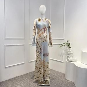 Casual Dresses Latest Collection 2023 Spring Summer Silk Gorgeous Floral Long Sleeves O-neck Maxi Hem For Women