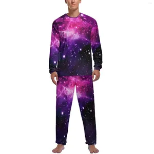 Pijamas masculinos roxo galáxia pijama manga longa estrelas impressão 2 peças conjunto estético outono homens gráfico romântico