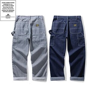 Mäns jeans Okonkwo Original denim Railway Workers Pants Amekaji Multi Pocket Striped Work Overall Outdoor Trekking Handing Camping Trousers 231108