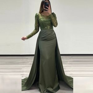 Olive Green Sexy Sparkling Evening Dresses scoop Long Sleeves Elegant Bead String Satin Pleated Princess Prom Dress Long Gowns