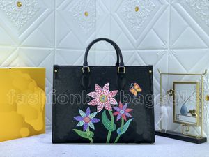 Womens On The Go MM GM Tote Bags M46416 Monogrammi a grana in rilievo Fiori Borsa a tracolla Giappone Artist Dots Fiori CrossBody Borse per la spesa Borsa nera bianca Lady