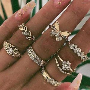 Pierścienie klastra 7pc / partia boho złoty motyl gałąź oliwna liście inkrustowani kryształowy zestaw pierścienia kobiet biżuteria osobowości