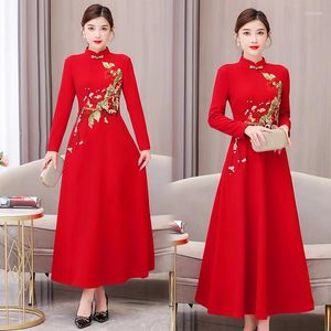 Casual Dresses 2023 Style Of National Simple Elegant Long Sleeve Embroidery Improved Runway Performance Qipao Mid-length Dress