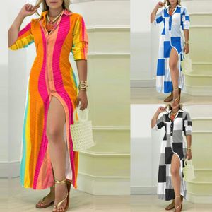 European and American Style Geometric Print Long Sleeve Maxi Shirt Dress