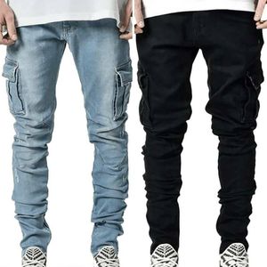 Jeans masculinos Richkeda Store 2023 homens bolsos magros sólidos calças de combate de carga de jeans de combate fit