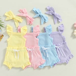 Conjuntos de roupas 018m Summer Cute Cutddler Baby Girl Garoth 'Clothing Conjunto de roupas de malha sólida com babados com tampas de ajuste apertado 2 peças 230407