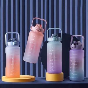 Water Bottles 2-liter large capacity outdoor student drinking bottle with straw fitness jar and time scale sports plastic cup 230407