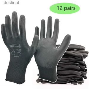 Five Fingers Gloves 24 Pcs/12 Pairs Black PU Nitrile Industrial Protective Safety Work Glove With Nylon Cotton Knitted Coated Palm GlovesL231108