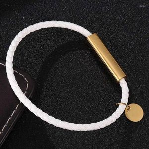 Charm Bracelets Fashion Jewelry White Braided Leather Bracelet Women Men Stainless Steel Magnet Buckle Couples Wristband FR0718