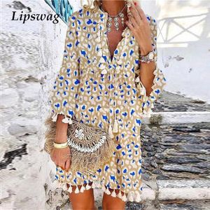 Casual Dresses Vintage Print 3/4 Sleeve A-Line Boho Dress Summer Sexy V-Neck Lady Party 2023 Spring Women Loose Tassel Beach